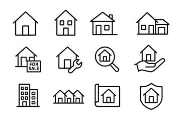 Home and architecture outline icon set. Real estate, construction, and building symbols. Property for sale, repair, search, insurance and blueprint vector icons collection.