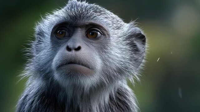 A close-up of a monkey with striking features and a serious expression, set against a blurred background.