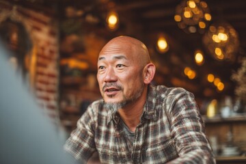 Obraz premium A bald middle-aged Asian man talking passionately during an interview or conversation. A man is sitting at a table in a cozy and stylish restaurant. 
