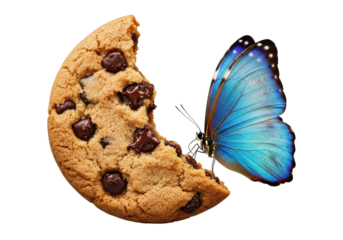 Half-eaten chocolate chip cookie, melted chips, vibrant blue butterfly on broken edge, isolated clean transparent background, macro studio shot, precise visual contrast concept