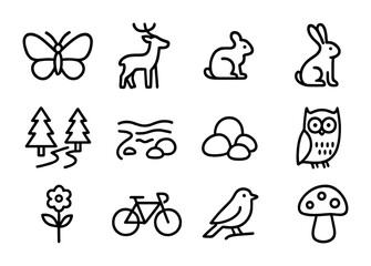 Fototapeta premium Nature Cycling Icons. Outline icon set of cycling in nature: butterfly, deer, squirrel, rabbit, forest path,