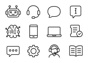 Customer Support Icons. Outline icon set of automated customer support: chatbot, headset, speech bubble, FAQ