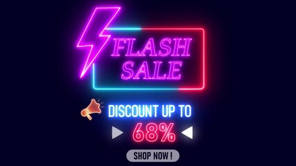 Neon flash sale promo sign, purple and blue glowing discount banner, clearance shopping design with 68 percent off, online marketing tool,