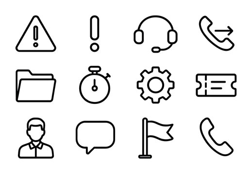 Customer Escalation Icons. Outline icon set of customer escalation process: warning triangle, exclamation mark