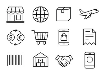 Global Retail Icons. Outline icon set of global retail expansion: storefront, globe, delivery box, airplane,