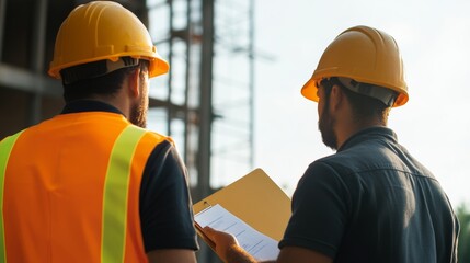 Construction workers review safety protocols on building site urban environment professional photography evening light collaborative effort