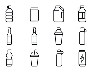 Beverage Icon Grid. Outline icon set of beverage organization: water bottle, soda can, juice box, milk jug,