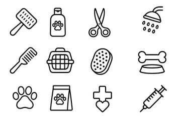 Pet care outline icon set with grooming tools, hygiene essentials, veterinary symbols, pet food, and health icons in vector cartoon style on transparent background