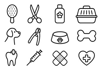 Pet care outline icon set with grooming tools, hygiene essentials, veterinary symbols, dog care items, medical supplies, and pet accessories in vector cartoon style with transparent background