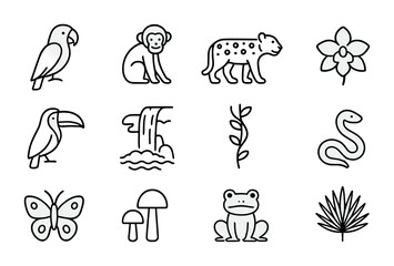 Fototapeta premium Rainforest Icon Set. Outline icon set of rainforest reserves: parrot, monkey, jaguar, orchid, toucan,