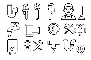 Plumbing maintenance icon set, pipes, tools, repair symbols collection, plumbing fixtures, wrench, faucet, pipe fittings, plumber tools vector cartoon illustration, transparent background