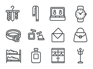 Accessory Icons Grid. Outline icon set of accessories organization: tie rack, scarf hanger, jewelry box, watch