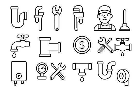 Plumbing maintenance icon set, pipes, tools, repair symbols collection, plumbing fixtures, wrench, faucet, pipe fittings, plumber tools vector cartoon illustration, transparent background - Powered by Adobe