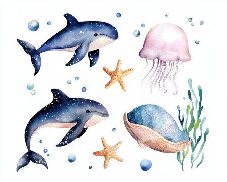Set of sea animals poster. Blue watercolor ocean fish. Pair aquatic creature artwork. azure wash marine life. ichthyoid illustration. nautical fauna. cerulean watercolor painting.