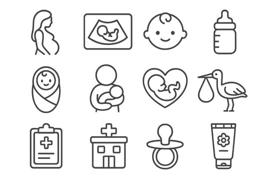 Pregnancy and Baby Care Line Icon Set, Maternity and Newborn Healthcare Vector Cartoon Illustration, Medical Symbols for Infant Care and Parenting, Transparent Background