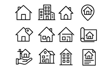 Real estate property icons set, home and building outline symbols, architecture vector collection, cartoon style, transparent background, ordered set of 12 icons for realty and construction