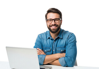 Photo of happy man with glasses working on laptop isolated on transparent background