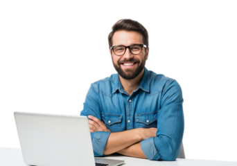 Photo of happy man with glasses working on laptop isolated on transparent background