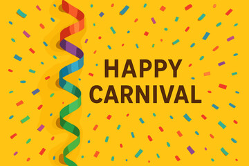 Realistic colorful ribbon on vibrant yellow backdrop with confetti, festive happy carnival celebration, bright party decoration background, cheerful vector cartoon illustration