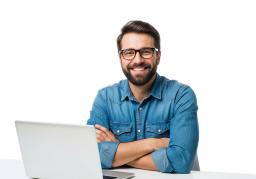 Photo of happy man with glasses working on laptop isolated on transparent background