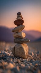 Stacked stones, balanced in nature, warm sunset light
