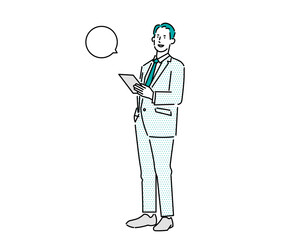 書類を持つビジネスパーソンー男　全身立ち姿ークリップボードーベクターイラスト素材Businessperson holding documents - Man - Full-length standing pose - Clipboard - Vector illustration material