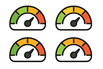 Speedometer and Gauge Icon Set, Performance and Speed Measurement Vector Collection, Cartoon Style Speedometer Symbols with Transparent Background, Ordered Set 1