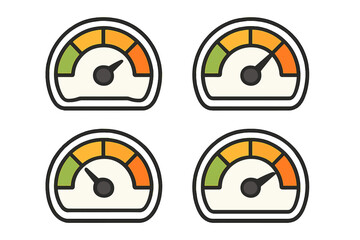 Speedometer and gauge icon set illustrating vehicle performance, speed measurement, and automotive dashboard indicators in a vibrant vector cartoon style with transparent background