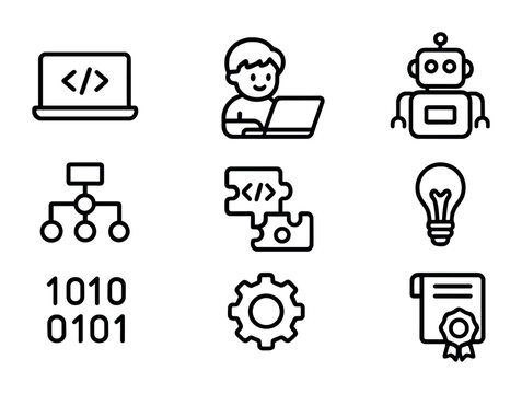 Kids' Coding Icon Set. Outline icon set of coding for kids: laptop, code brackets, child typing, robot,