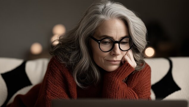 Senior woman with glasses using laptop at home