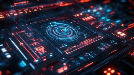 Fototapeta premium Abstract High-tech Background with Illuminated Circuit Board and Data Display