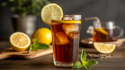 Fototapeta premium Cold iced tea with lemon slice and mint on wooden table, symbolizing tropical refreshment.