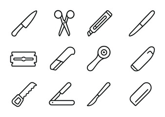 Cutting Tools Icons. Outline icon set of cutting instruments: knife, scissors, paper cutter, letter opener,