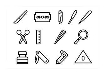 Fototapeta premium Precision Tool Icons. Outline icon set of precision tools: scalpel, razor, box cutter, letter opener, scissors