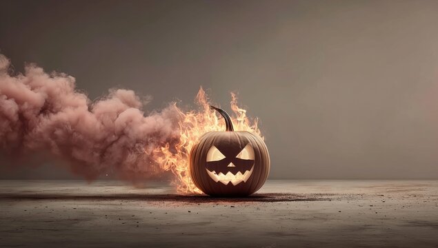 Burning Halloween Pumpkin Jack O Lantern with Smoke