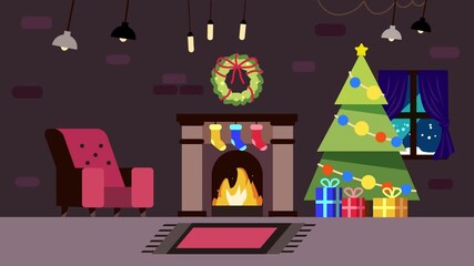 Animated christmas scene cozy living room with fireplace and decorated holiday decorations - Powered by Adobe