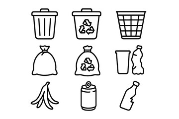 Trash and recycling icon set, waste management symbols, bin and garbage bag collection, recycling symbols, vector cartoon line illustration, transparent background, ordered set