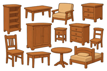 Variety of wooden furniture pieces including chairs, tables, cabinets, drawers, and bed in cartoon style, showcasing rustic design, functionality, and home decor essentials on transparent background