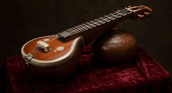 Traditional Indian Veena Musical Instrument on Velvet