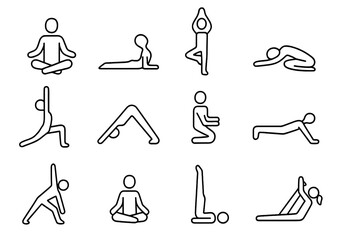 Yoga Poses Outline Icon Set, Asana Exercise and Fitness Line Illustration Collection, Vector Cartoon Style Transparent Background, Ordered Set 2 for Wellness and Meditation