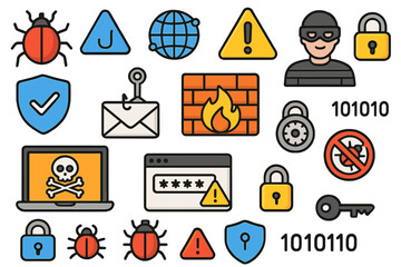 Various Cybersecurity Symbols Representing Digital Threats, Protective Measures, Hackers, Malware, Firewall, Password Security, Encryption, and Online Safety in a Seamless Vector Cartoon Style