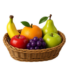Realistic 3D render of a fruit basket with perfect glossy fruits, transparent background