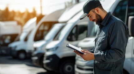Delivery driver checking inventory logistics yard photography bright day close-up efficient vehicle management