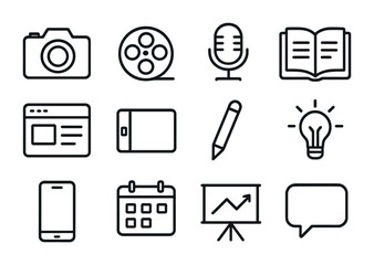 Content Creation Icons. Outline icon set of content creation: camera, video reel, microphone, open book, blog