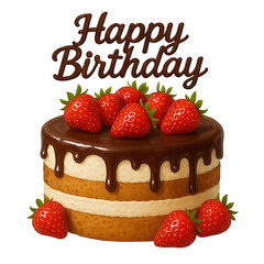 Layered birthday cake with strawberries and chocolate, Happy Birthday text on top, on transparent background