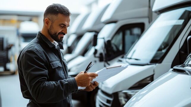 Vehicle inspection process commercial fleet business environment warehouse setting close-up view efficiency and safety in logistics