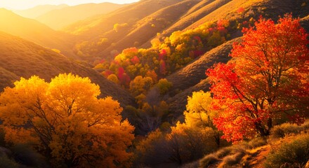 Obraz premium Vibrant autumn landscape of rolling hills and colorful trees in sunlight