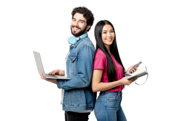 young couple with laptop and book isolated on white