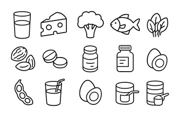 Bone Healing Nutrition Icons. Outline icon set of nutrition for bone healing: milk glass, cheese, broccoli,