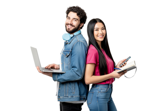 young couple with laptop and book isolated on white